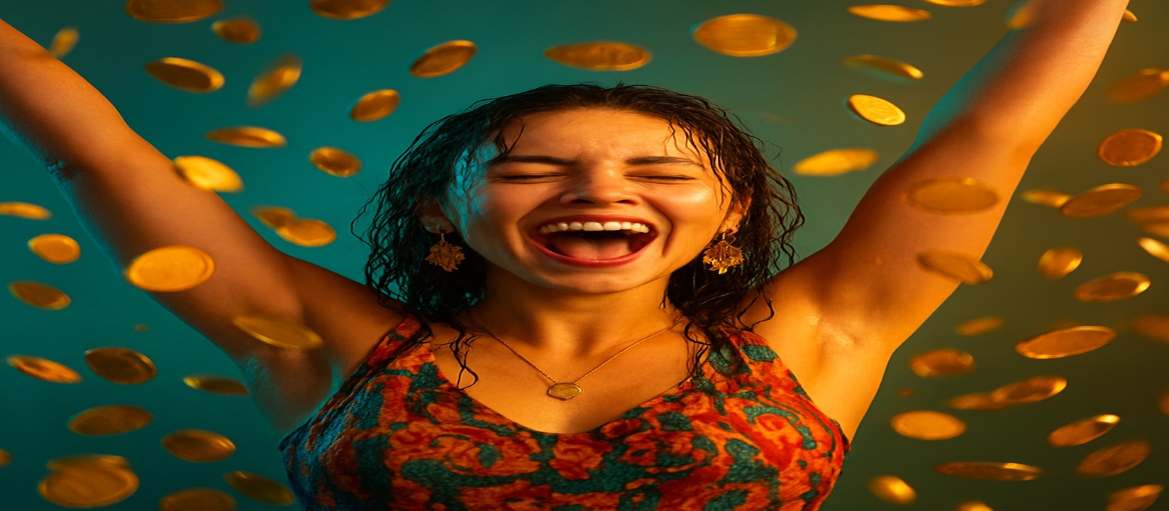 মুদ্রার ঝরনার মাঝখানে রঙিন পোশাকে এক নারী